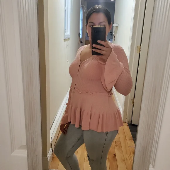 Boston Proper XS Pink Ribbed Knit Ruffled Peplum Zipper Front Cardigan - Picture 3 of 9